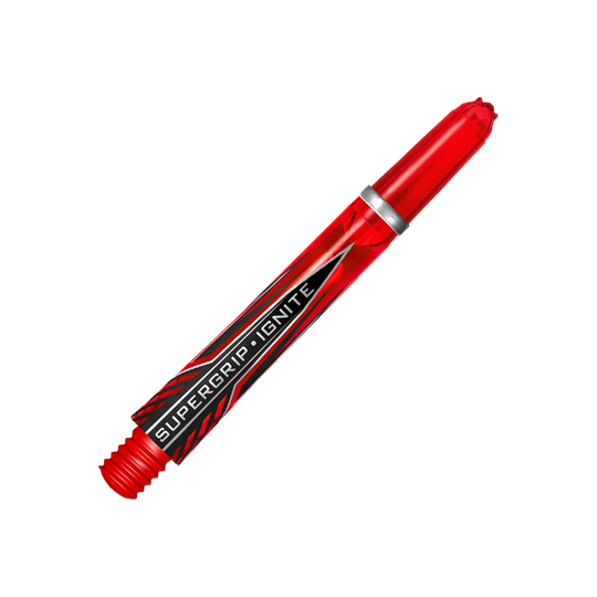 Das Bild zeigt einen roten Harrows Supergrip Ignite Shaft. Im Hintergrund sind rote und schwarze Streifen zu sehen, die den Shaft hervorheben.