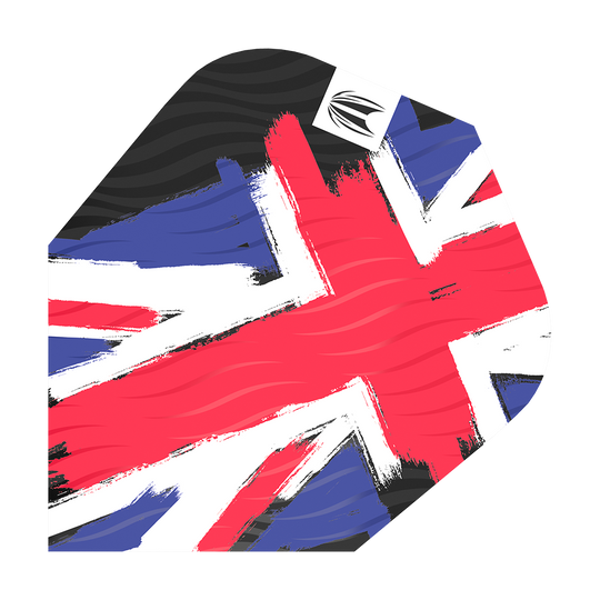 Das Bild zeigt eine Dart-Flugfeder mit dem Design der englischen Flagge in Pinselstrich-Optik. In der Ecke befindet sich ein kleines Logo.