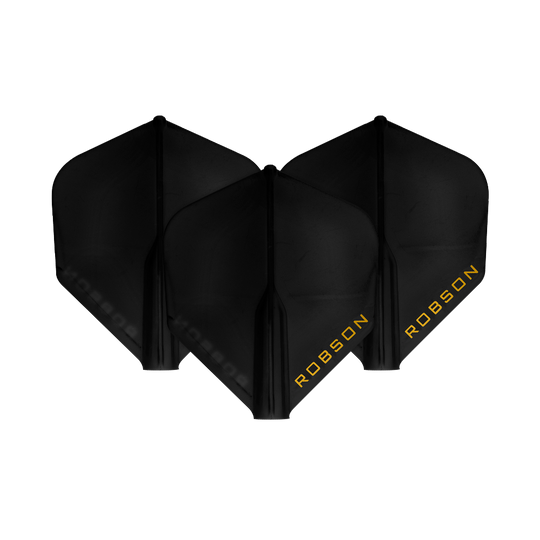 Loty Robson Plus — standardowe Auf dem Bild sind drei schwarze Dart-Flights zu sehen. Auf jedem Flight steht das Wort "ROBSON" in gelber Schrift.