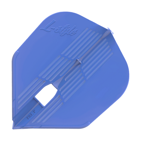 Loty KAMI L3PRO w stylu L Das Bild zeigt ein blaues Dartflight mit dem Schriftzug "L-style" darauf. Das Flight hat eine eckige Form und gerillte Muster.