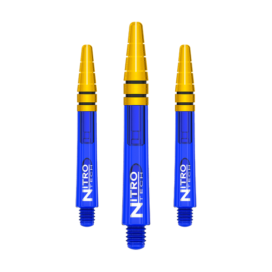 C799_Red_Dragon_Nitrotech_Shafts_Blau_Gold_39mm_1 Das Bild zeigt drei blaue und goldene Dartschäfte der Marke Red Dragon Nitrotech mit der Aufschrift "NITRO TECH". Die Schäfte sind 39 mm lang und haben ein modernes, glänzendes Design.