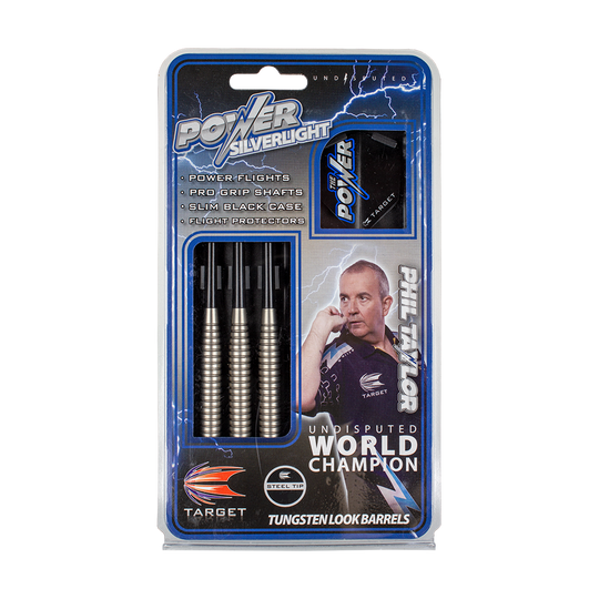 Das Bild zeigt eine Verpackung der "Target Phil Taylor Power Silverlight Variante 2 Steeldarts". Auf der Verpackung sind drei Steeldarts, Zubehör und ein Bild von Phil Taylor abgebildet.