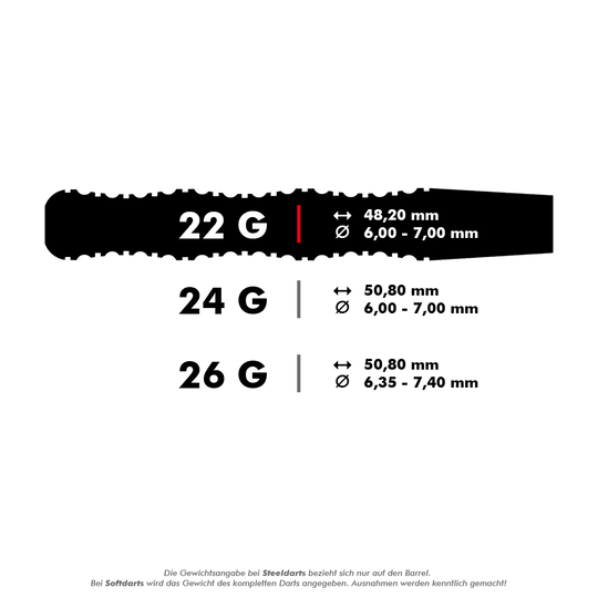1461_Winmau_Mervyn_King_Special_Edition_Steeldarts_5_22gpV0QBoU1TY8U3 Das Bild zeigt die Gewichts- und Maßangaben der Winmau Mervyn King Special Edition Steeldarts. Es gibt die Darts in 22 g, 24 g und 26 g mit unterschiedlichen Längen und Durchmessern.
