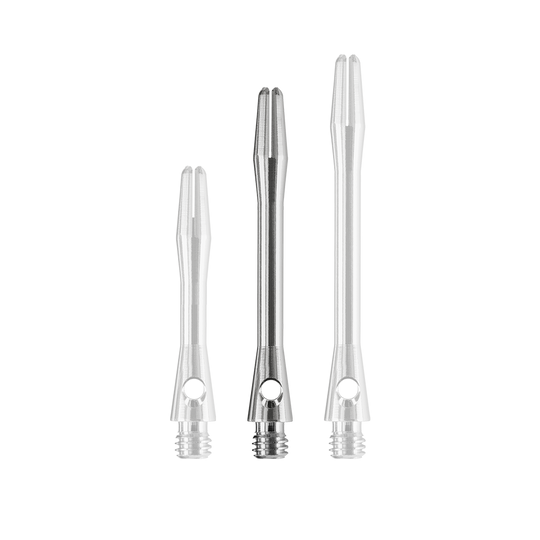 Auf dem Bild sind drei Harrows Keramic Shafts in Gun Metal Farbe zu sehen. Sie unterscheiden sich in der Länge und sind aus Metall gefertigt.