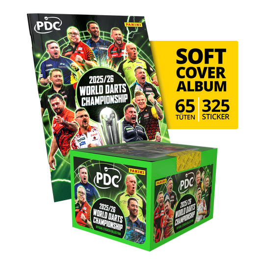 Das Bild zeigt das Panini PDC World Darts Championship 2025/26 Softcover Bundle mit einer Stickerbox. Dieses Bundle enthält ein Softcover-Album und eine Box voller Sticker.