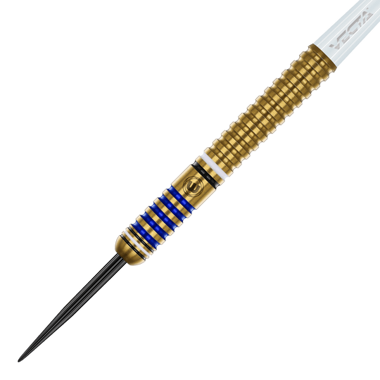 Lotki stalowe Winmau Ryan Branley - 23g Der Winmau Ryan Branley Steeldart mit 23g Gewicht ist auf dem Bild zu sehen. Er hat ein goldfarbenes Griffstück mit blauen und weißen Ringen und einer schwarzen Spitze.