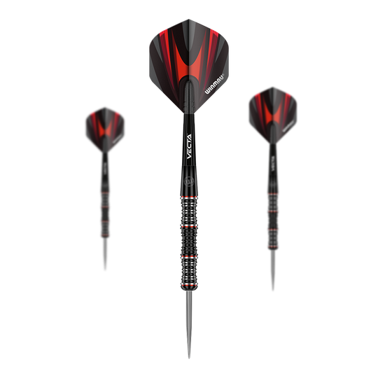 Winmau Mervyn King Special Edition Steeldarts Das Bild zeigt drei Winmau Mervyn King Special Edition Steeldarts. Die Darts haben ein schwarzes und rotes Design mit silberner Spitze.