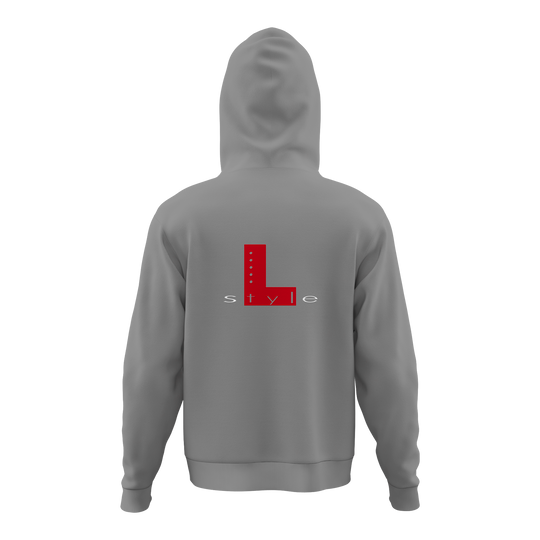 Bluza z kapturem w stylu L - szara Der Hoodie ist grau und hat auf der Rückseite ein großes rotes "L" mit dem Wort "style" darunter. Das Design ist schlicht und modern gehalten.