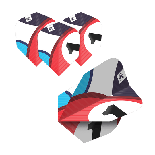 337205_Target_ProUltra_5Sets_Multipack_Chicane_No6_Flights_5VsLcv1mTi5uys Das Bild zeigt fünf Sätze Target Pro Ultra Chicane Multipack No6 Flights. Die Flights haben ein farbenfrohes Design mit roten, blauen, weißen und schwarzen Elementen.