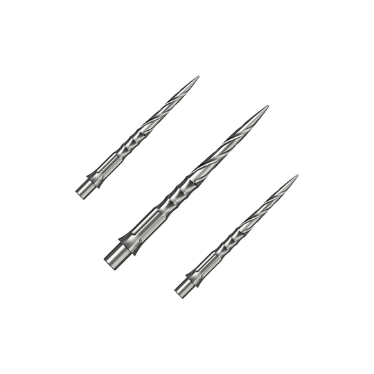 Stalowe groty do lotek Caliburn System - Spiro - NoLip - srebrne Das Bild zeigt ein Set von Caliburn Evo System Steeldartspitzen in Silber, 28 mm lang und mit Spiro-Design. Mehrere Spitzen sind geordnet dargestellt.