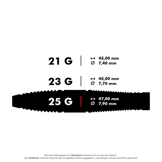 Stalowe lotki Target Scope 03 Swiss Point Das Bild zeigt drei verschiedene Steeldarts mit den Gewichten 21 g, 23 g und 25 g. Die Maße Länge und Durchmesser sind für jedes Gewicht angegeben.