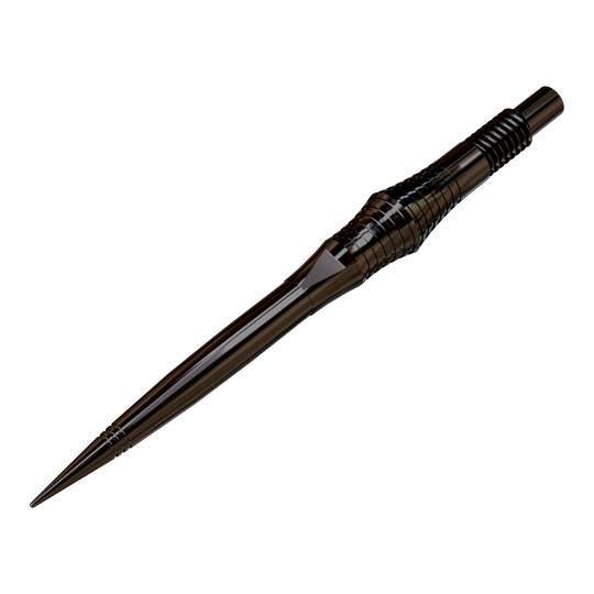 Końcówki do lotek Harrows Quick Point Spire Elite Series – czarne Zu sehen sind schwarze Dartspitzen, die auf einer ebenen Fläche ausgebreitet sind. Die Spitzen werden aus einer leicht schrägen Perspektive präsentiert.