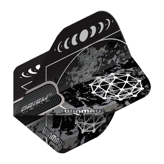 Winmau Prism Delta Callisto No2 Standard Flights Das Bild zeigt die Winmau Prism Delta Callisto No2 Standard Flights. Die Flights sind schwarz-grau gemustert und mit weißen grafischen Mondphasen und geometrischen Mustern verziert.