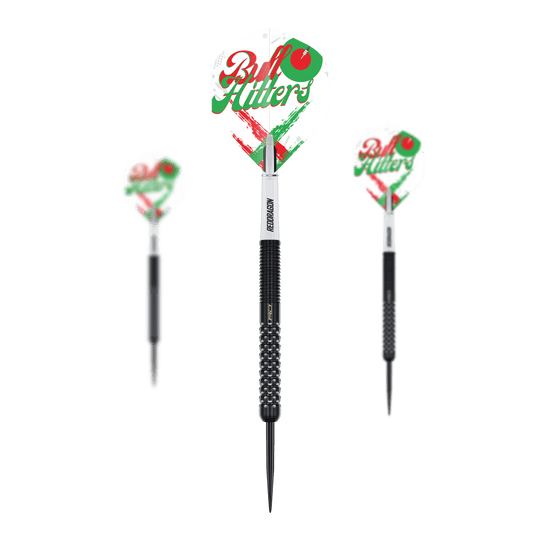Red Dragon Bullhitters V1 Steeldarts - 23g Das Bild zeigt den Red Dragon Bullhitters V1 Steeldarts - 23g als Set. Es handelt sich um Steeldarts mit einem Gewicht von 23 Gramm.