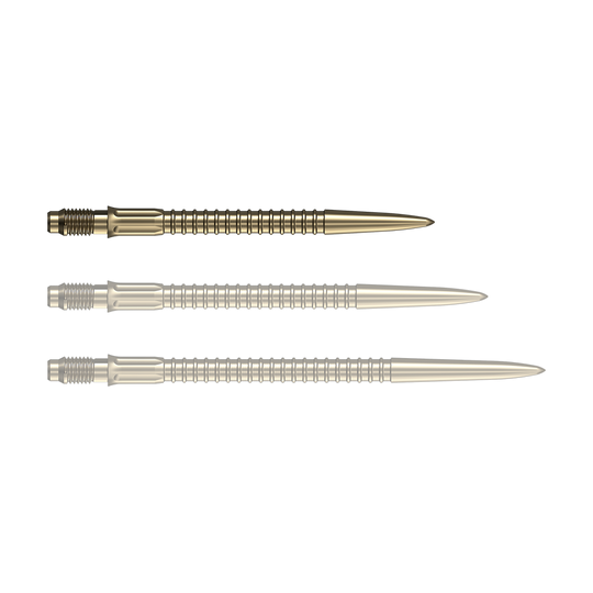Mission R2.5 Rapid Point GV1 – groty do lotek – złote Goldene Dartspitzen liegen nebeneinander auf einer weißen Fläche. Diese Spitzen eignen sich für das Dartspiel.