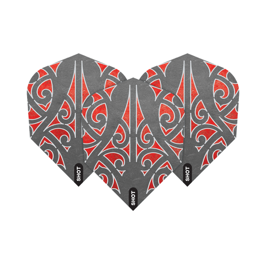 Das Bild zeigt drei Dart-Flights des Produkts „Shot Warrior Awe No6 Flights“. Die Flights haben ein graues Design mit roten und weißen Mustern.