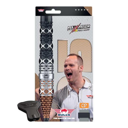 Bulls NL Max Hopp 95% punktów konwertowalnych Steeldarts Abbildung der Bulls NL Max Hopp 95% Convertible Points Steeldarts. Die Darts sind detailreich gezeigt und richten sich an Dart-Enthusiasten.