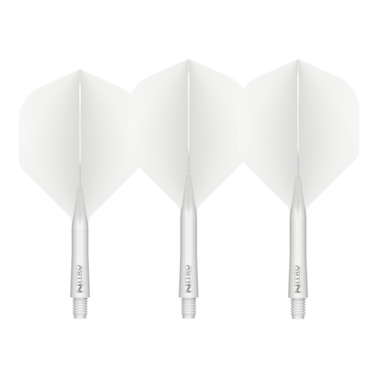 Abgebildet sind die Red Dragon Nitroflite White Shaft White Flights No2. Diese Flights und Shafts sind in Weiß gehalten.