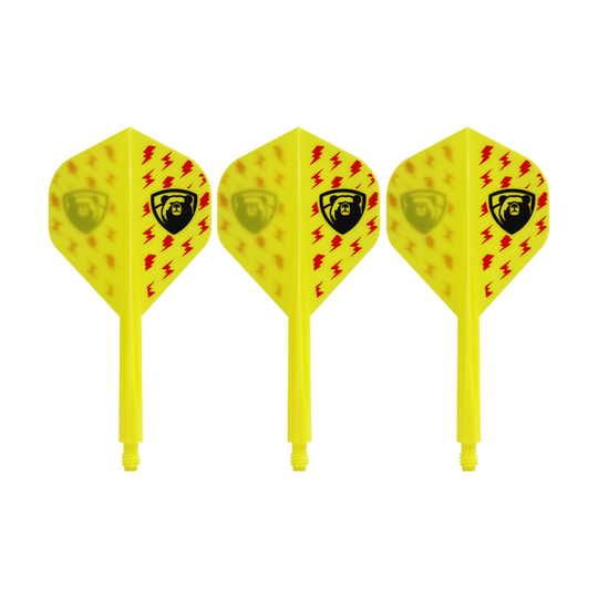 Condor AXE Thunderbolt Yellow Flight-System - Standard Auf dem Bild sind drei gelbe Dart-Flights mit roten Blitzsymbolen und einem schwarzen Bären-Logo zu sehen. Es handelt sich um das Produkt "Condor AXE Thunderbolt Yellow Flight-System - Standard".