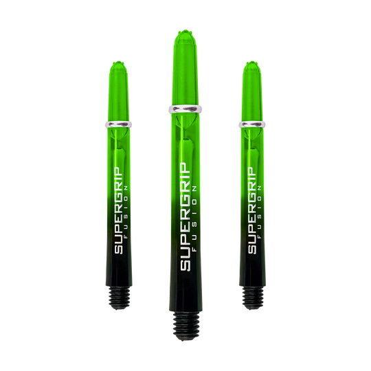 HR341_Harrows_Supergrip_Fusion_Shafts_Gr-n_47mm_1XMY3GL6M8kHdo Das Bild zeigt drei grüne Harrows Supergrip Fusion Shafts für Dartpfeile. Die Shafts sind durchsichtig und haben einen schwarzen unteren Teil mit weißer Aufschrift.