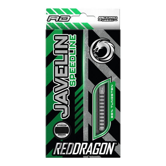 Stalowe lotki Red Dragon Javelin Speedline Die Abbildung zeigt die Verpackung der "Red Dragon Javelin Speedline Steeldarts". Die Packung ist grün, schwarz und silber, mit einem Sichtfenster für die Darts und auffälligem Drachen-Logo.