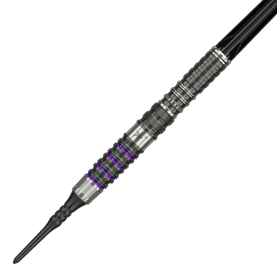 Dies ist ein Softdart aus der Target Japan Prime Series, Modell Yuta Hayashi Sirius GEN3 MAX mit 21,5g. Er besitzt ein silbernes Design mit feinen Rillen und lilafarbenen Akzenten.