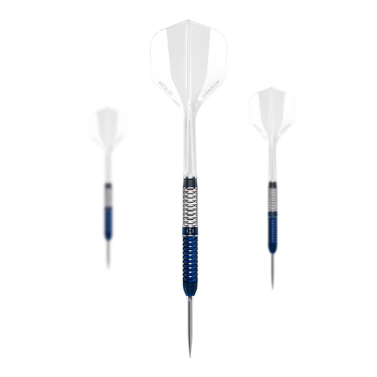 Das Bild zeigt ein Set der Harrows GEO Parallel Quick Point Steeldarts. Mehrere Pfeile bilden zusammen das vollständige Produktset.