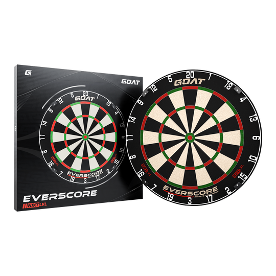Tarcza do darta GOAT Everscore Steel Das Bild zeigt das Produkt "GOAT Everscore Steeldartboard" zusammen mit seiner Verpackung. Das Dartboard hat ein klassisches Design mit schwarzen, weißen, roten und grünen Feldern.