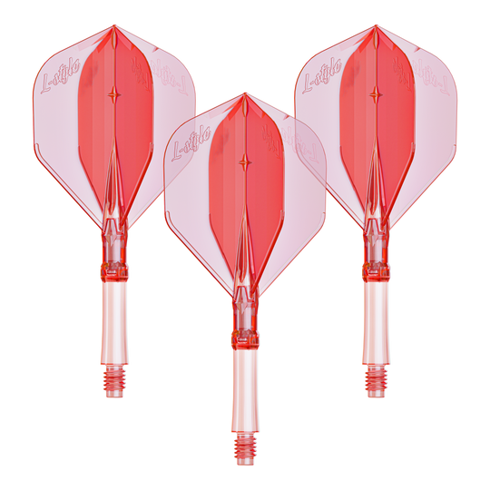 Loty L-Style L-System - Clear Red Das Bild zeigt ein Set L-Style L-System Flights in klarrot, kleine Größe 190. Das Produkt wird als Dartzubehör verwendet.