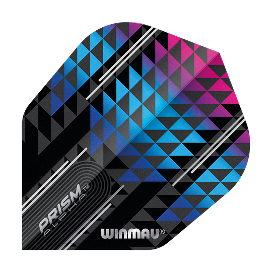 Das Bild zeigt das Produkt "Winmau Prism Alpha Blau Pink No6 Flights". Es ist ein Dartflight mit einem modernen, geometrischen Muster in Blau, Pink und Schwarz.