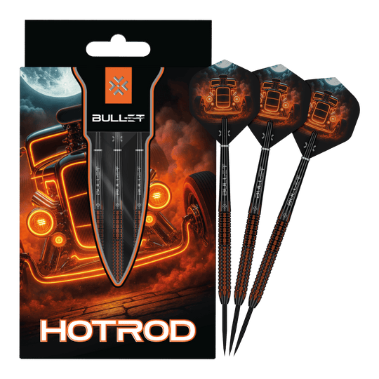 Bullet Hotrod Steeldarts sind zu sehen. Das Bild zeigt das vollständige Set der Steeldarts.
