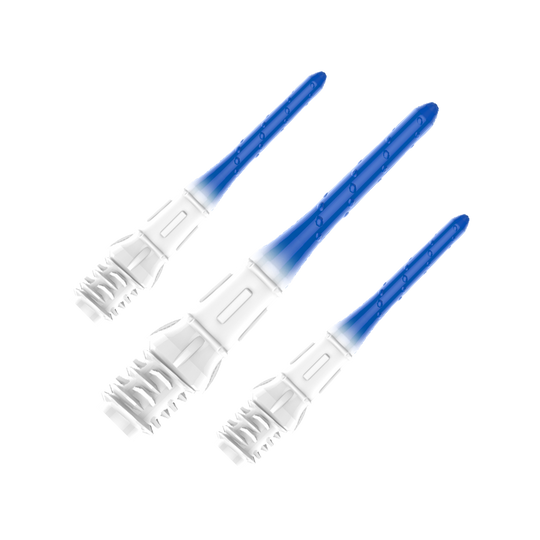 Końcówki do brwi L-Style Premium Lippoint Gradiation Dart Tips (opakowanie 30 sztuk) Das Bild zeigt vier Dartspitzen mit einem Farbverlauf von Weiß zu Blau. Sie sind ordentlich in einer Kunststoffhalterung angeordnet.