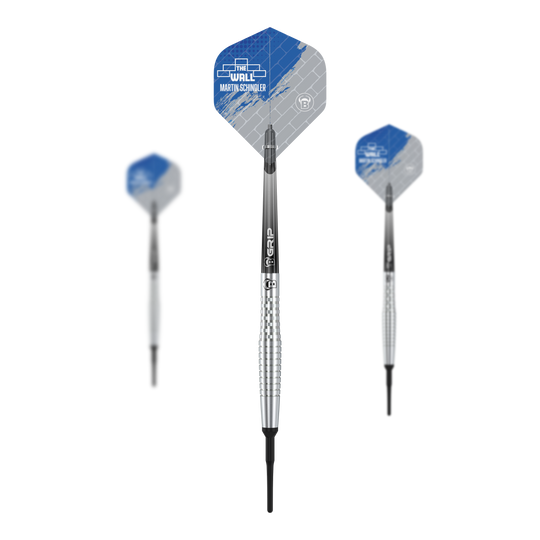 Bulls Martin Schindler Original Generation 2 miękkie lotki Das Bild zeigt drei Softdarts aus der Serie "Bulls Martin Schindler Original Generation 2". Die Darts haben silberne, gerillte Barrels und Flights mit blau-grauem Design.