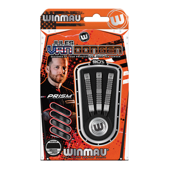 Miękkie rzutki Winmau Jules Van Dongen - 20g Das Bild zeigt eine Verpackung der "Winmau Jules Van Dongen Softdarts - 20g". In der Packung befinden sich drei Softdarts mit 90% Tungsten.