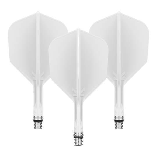Loty Target K-Shift No6 - białe Zu sehen ist ein Flight-Set namens 410540_Target_KShift_No6_Flights_Wei_19mm_1Set. Mehrere weiße Flights sind gemeinsam präsentiert.