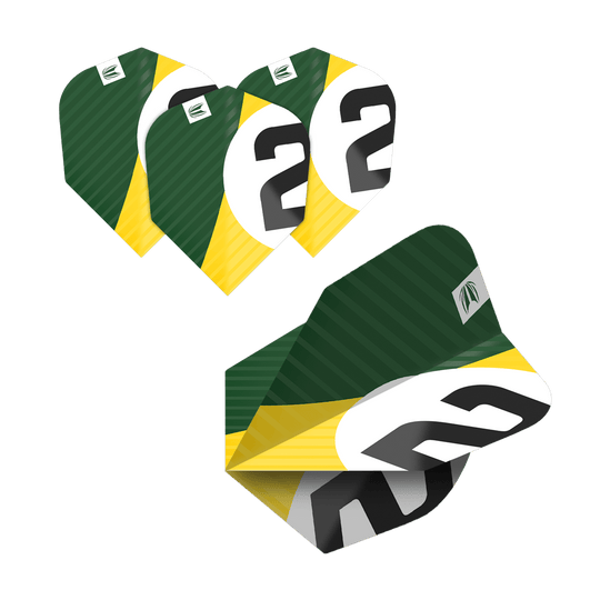 337205_Target_ProUltra_5Sets_Multipack_Chicane_No6_Flights_2WNuoGECLQa8FB Das Bild zeigt fünf Sätze von Dart-Flights mit grün-gelbem Design und einer großen schwarzen Zahl 2 auf weißem Hintergrund. Die Flights gehören zum Produkt "Target Pro Ultra Chicane Multipack No6 Flights - 5 Sets".