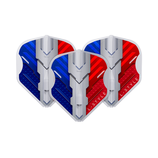 L-Style V-Series V1 Typ B Francja Przezroczysta biel L1EZ Loty Das Bild zeigt drei Dartflights in den Farben Blau, Weiß und Rot, die die französische Flagge darstellen. Auf den Flights steht der Markenname "L-Style" und sie haben ein modernes, technisches Design.