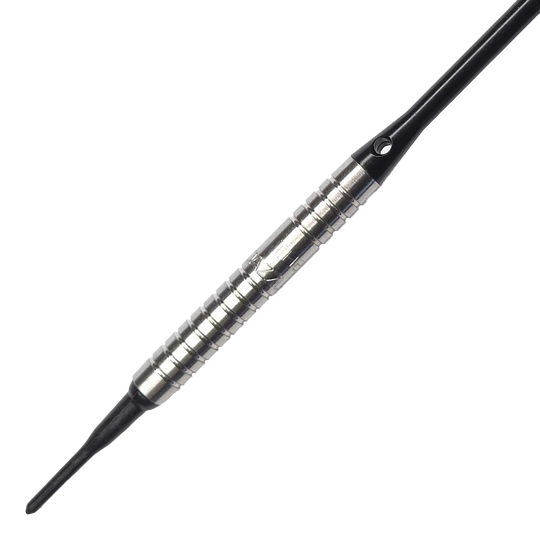 McDart 85 Tungsten V15 Softdarts - 16,5g Das Bild zeigt einen McDart 85er Tungsten V15 Softdart mit einem Gewicht von 16,5g. Der Dart hat eine silberne, geriffelte Barrel und schwarze Spitzen sowie Schaft.