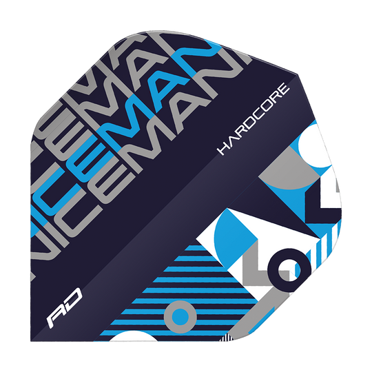 Das Bild zeigt ein Dart-Flight mit dem Namen "Red Dragon Hardcore Iceman Black Blue Standard Flights". Das Design besteht aus schwarzer, blauer und grauer Farbe mit geometrischen Mustern und dem Schriftzug "HARDCORE".