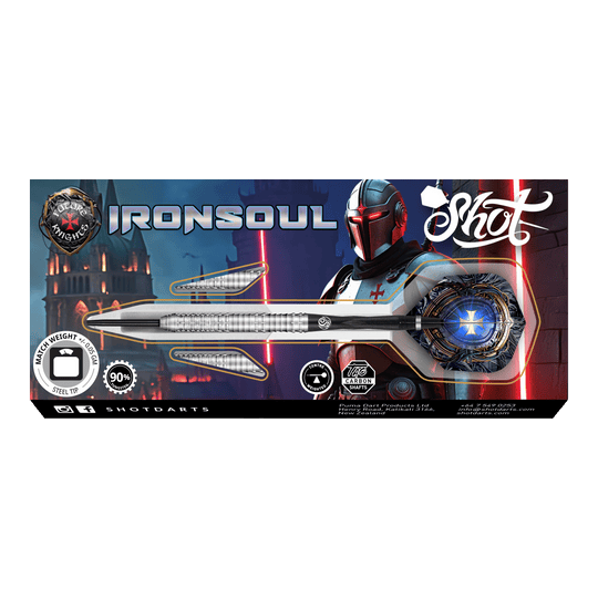 Das Bild zeigt die Verpackung der "Shot Future Knights Ironsoul Steeldarts". Im Hintergrund ist ein futuristischer Ritter neben den abgebildeten Darts zu sehen.