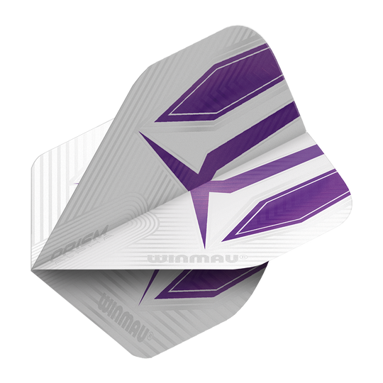 Das Bild zeigt ein Winmau Prism Alpha 6915.177 Standard Dartflight. Das Flight ist überwiegend weiß mit auffälligen lila Mustern und modernen Designelementen.