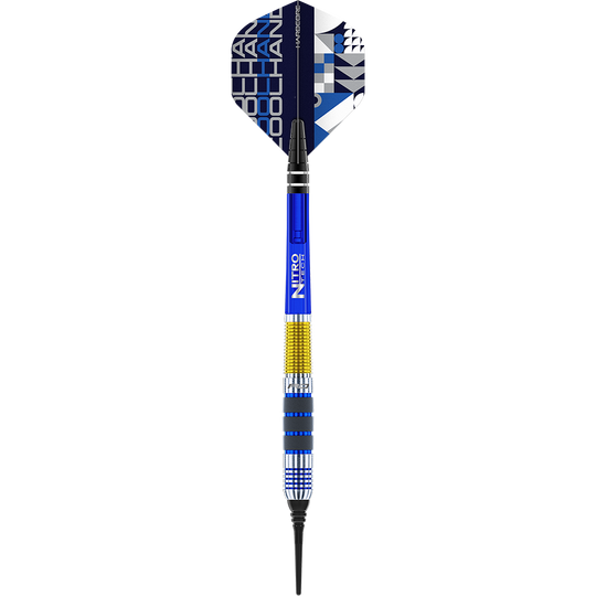 Auf dem Bild ist ein Softdartpfeil des Modells "Red Dragon Luke Humphries" mit einem Gewicht von 20g zu sehen. Der Dart hat auffällige blaue, gelbe und silberne Farbakzente sowie ein modernes Flight-Design.