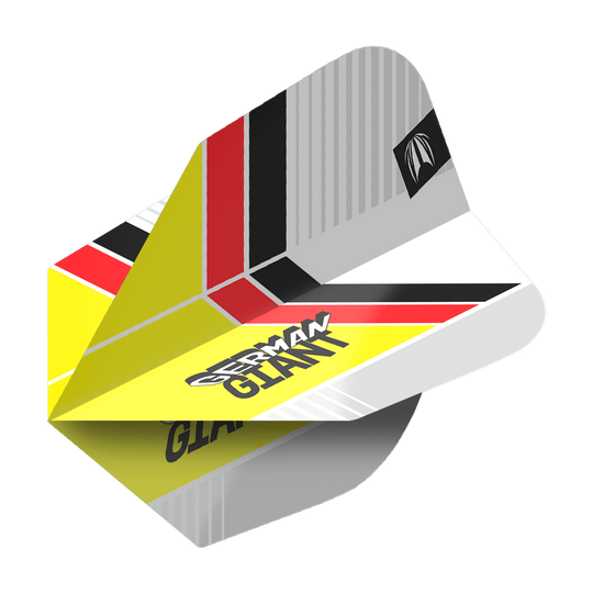 Lotki Target Pro Ultra Gabriel Clemens No6 – 3 zestawy Das Bild zeigt das Produkt "Target Pro Ultra Gabriel Clemens No6 Flights - 3 Sets". Die Dart-Flights haben ein auffälliges Design mit den Farben Gelb, Rot, Schwarz und Weiß sowie dem Schriftzug "German Giant".