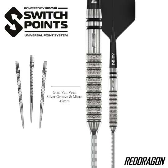 Red Dragon Gian Van Veen Tour Edition Switch Point Steeldarts - 21g Gezeigt werden die Red Dragon Gian Van Veen Tour Edition Switch Point Steeldarts - 21g aus einer anderen Perspektive. Das Design ist sportlich und funktional.