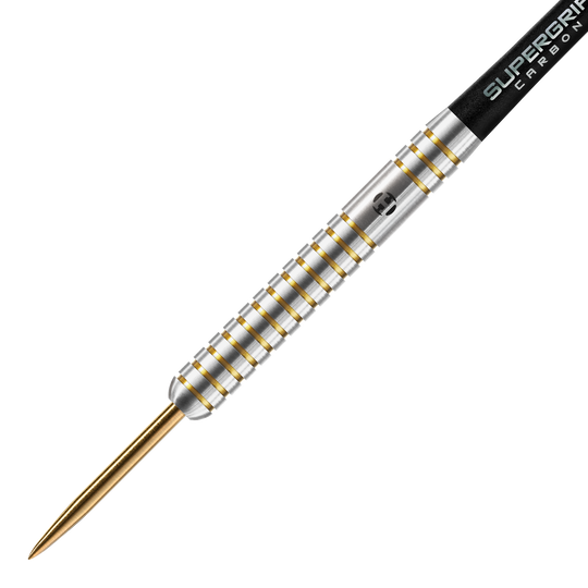 Edycja rocznicowa Harrows Oryginalne Steeldarts Das Bild zeigt einen Harrows Anniversary Edition The Original Steeldart. Der Dartpfeil hat ein silbernes Barrel mit goldenen Rillen und einer goldenen Spitze.