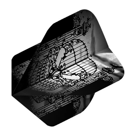 Alchemia Porzuć wszelką nadzieję Nr 2 Standardowe loty Das Bild zeigt einen Dartflight mit einem kunstvollen, schwarzen Tor-Design vor einem Vollmond. Die Farben sind hauptsächlich schwarz und grau gehalten, was dem Flight ein mystisches Aussehen verleiht.