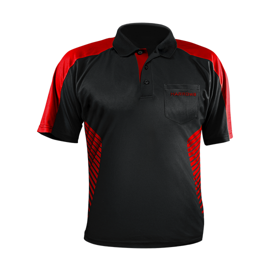 17416-Harrows-Vivid-Dartshirt-Black-Red-1 Das Bild zeigt das Harrows Vivid Dartshirt in Schwarz und Feuerrot. Das Shirt hat rote Akzente an den Schultern und Seiten sowie eine Brusttasche mit dem Harrows-Logo.
