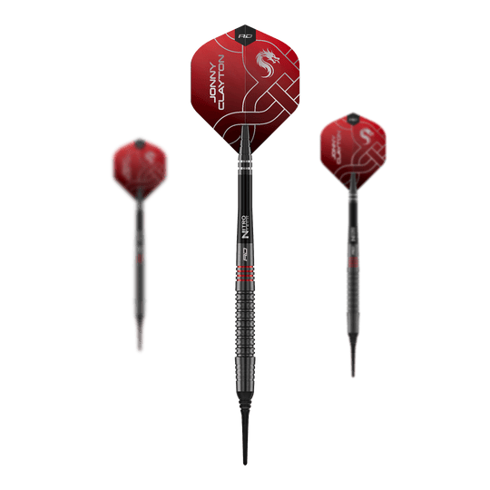 Miękkie lotki Red Dragon Jonny Clayton RD-ADV - 18g Auf dem Foto ist das Set der Red Dragon Jonny Clayton RD-ADV Softdarts - 18g zu sehen. Drei Softdarts liegen nebeneinander als Set.