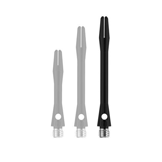 HR368_Harrows_Keramic_Shafts_Schwarz_47mm_1 Das Bild zeigt drei matt schwarze Harrows Keramic Shafts in unterschiedlichen Längen. Die Schäfte haben am unteren Ende silberne Gewinde.