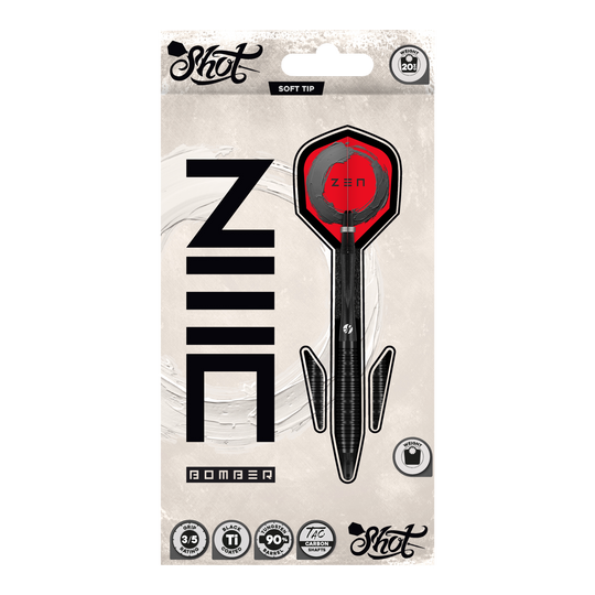 Miękkie lotki Shot ZEN Bomber - 20g Hier sieht man die Shot ZEN Bomber Softdarts - 20g. Die Softdarts sind für präzises Werfen und einen sicheren Halt konzipiert.